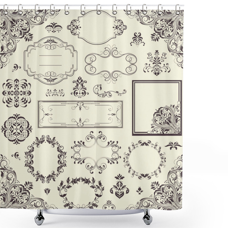 Personality  Vintage Labels And Border Elements With Ornate Elegant Retro Abstract Floral Design, Dark Gray Flowers And Leaves On Light Gray Background. Vector Illustration Shower Curtains