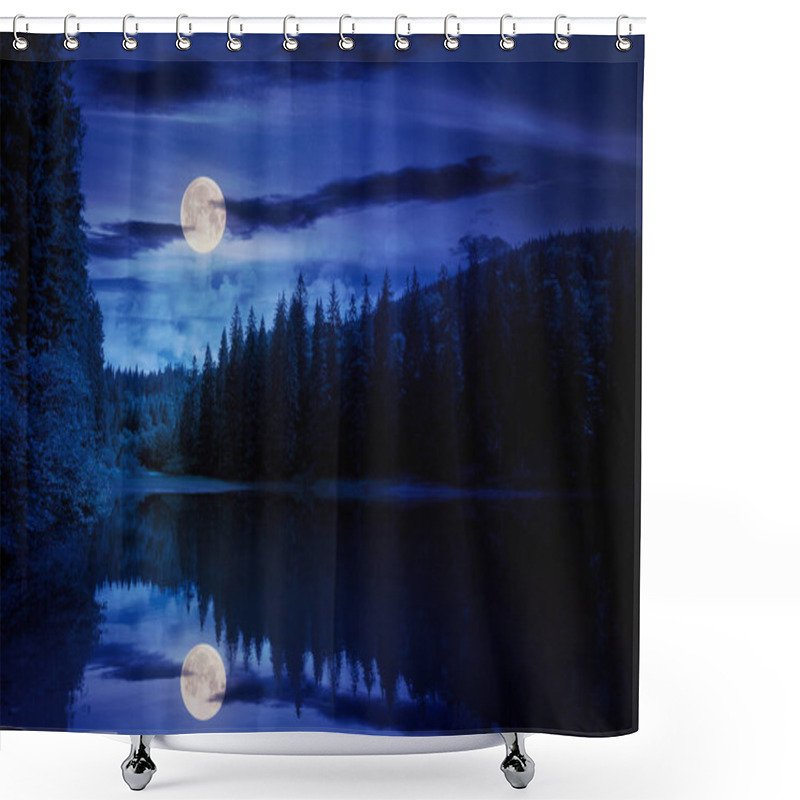 Personality  Scenery Around The Lake In Mountains At Night. Spruce Forest On The Shore. Reflection In The Water In Full Moon Light. Weather With Clouds On The Sky Shower Curtains