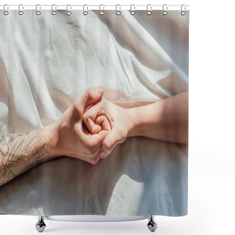 Personality  Partial View Of Couple In Live Holding Hads While Lying In Bed Together Shower Curtains