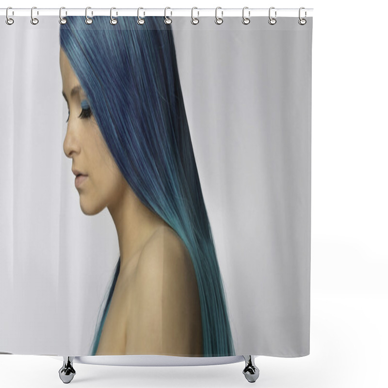 Personality  Young Beautiful Woman With Blue Hair Shower Curtains