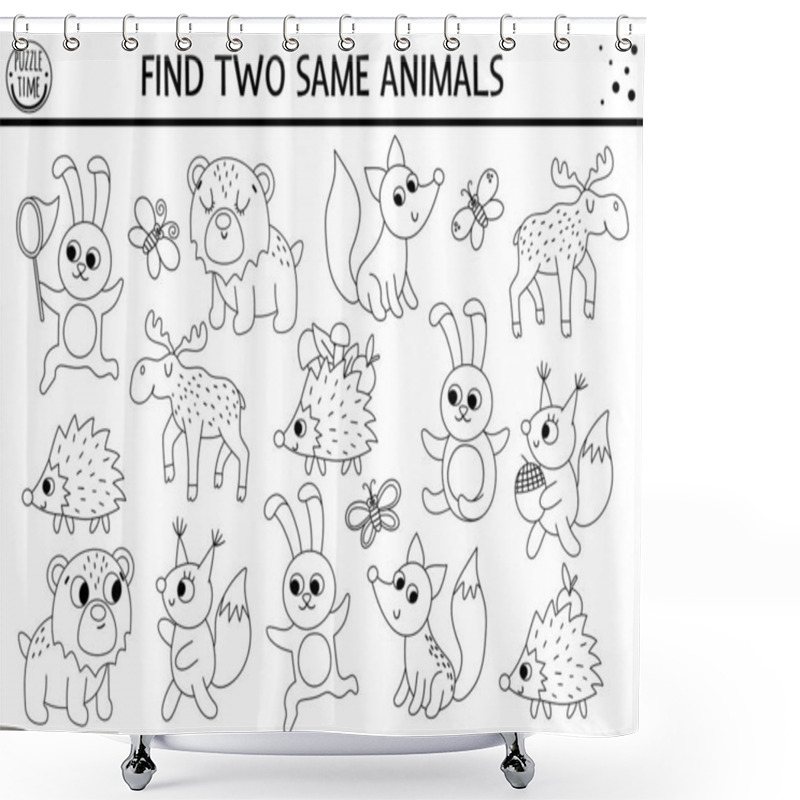 Personality  Find Two Same Animals. Forest Black And White Matching Activity. Funny Woodland Educational Outline Quiz Worksheet Or Coloring Page For Kids. Simple Printable Game With Bear, Squirrel, Rabbit, Fo Shower Curtains