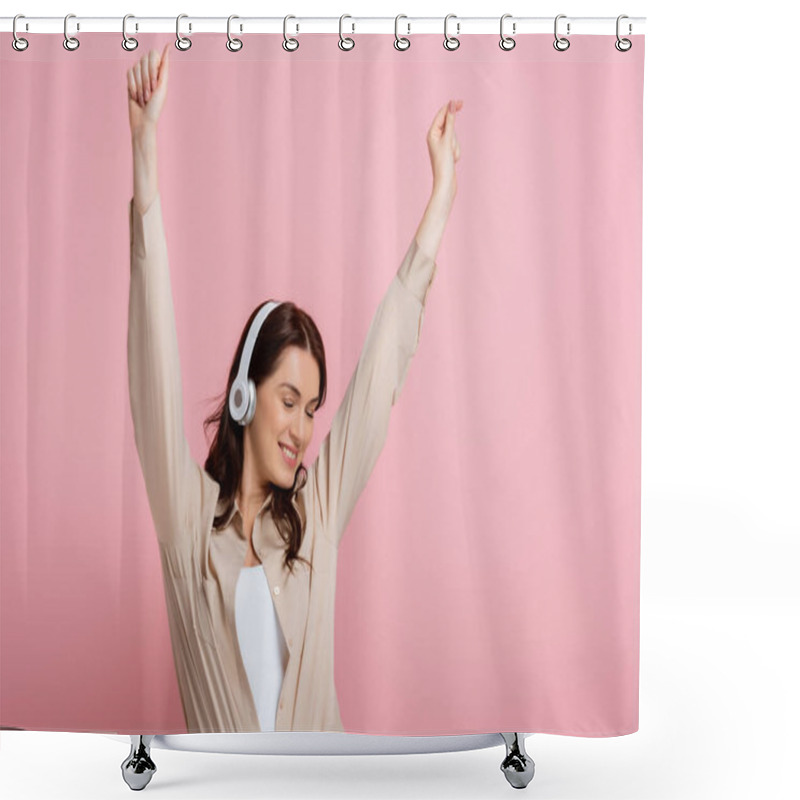 Personality  Attractive Woman In Headphones Dancing With Closed Eyes On Pink Background Shower Curtains