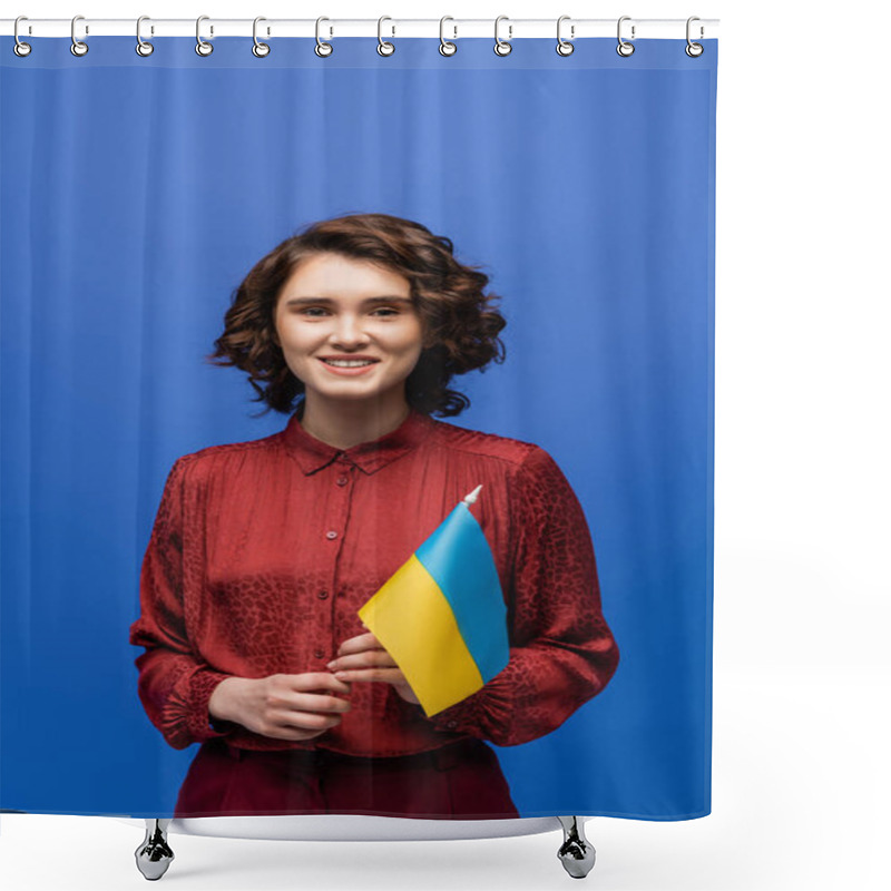 Personality  Happy Language Teacher Holding Flag Of Ukraine And Smiling Isolated On Blue  Shower Curtains