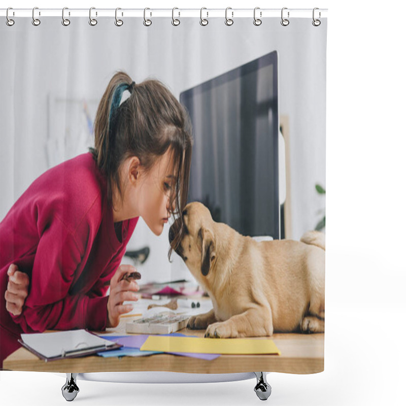 Personality  Pretty Lady Kissing Pug While Working On Illustrations In Home Office Shower Curtains