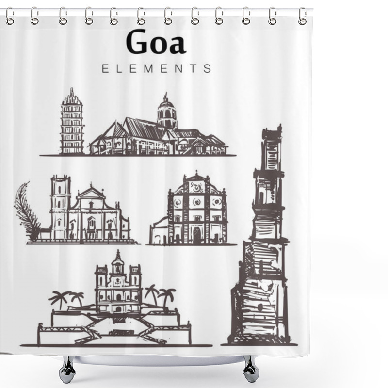 Personality  Set Of Hand-drawn Goa Buildings.India, Goa Elements Sketch Vector Illustration. Shanta Durga Temple,The Cathedral Of The,Church And Monastery Of St. Augustine And Other.Isolated On White Background. Shower Curtains