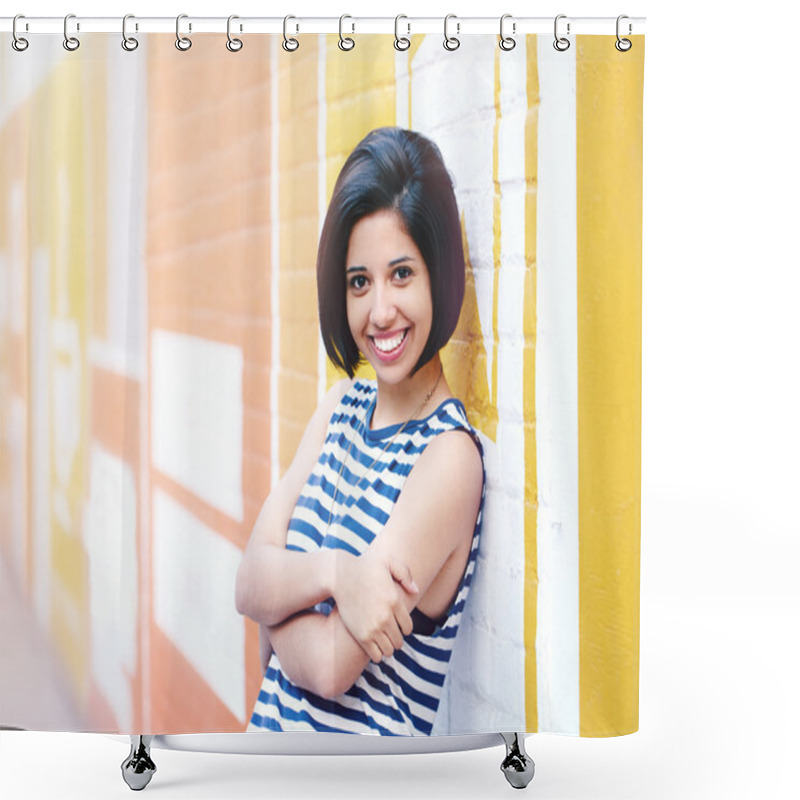 Personality  Portrait Of Beautiful Smiling Young Hipster Latin Hispanic Girl Woman With Short Hair Bob, In Blue White Striped Tshirt, Leaning On Brick Wall In City Looking In Camera, Lifestyle Fashion Concept Shower Curtains