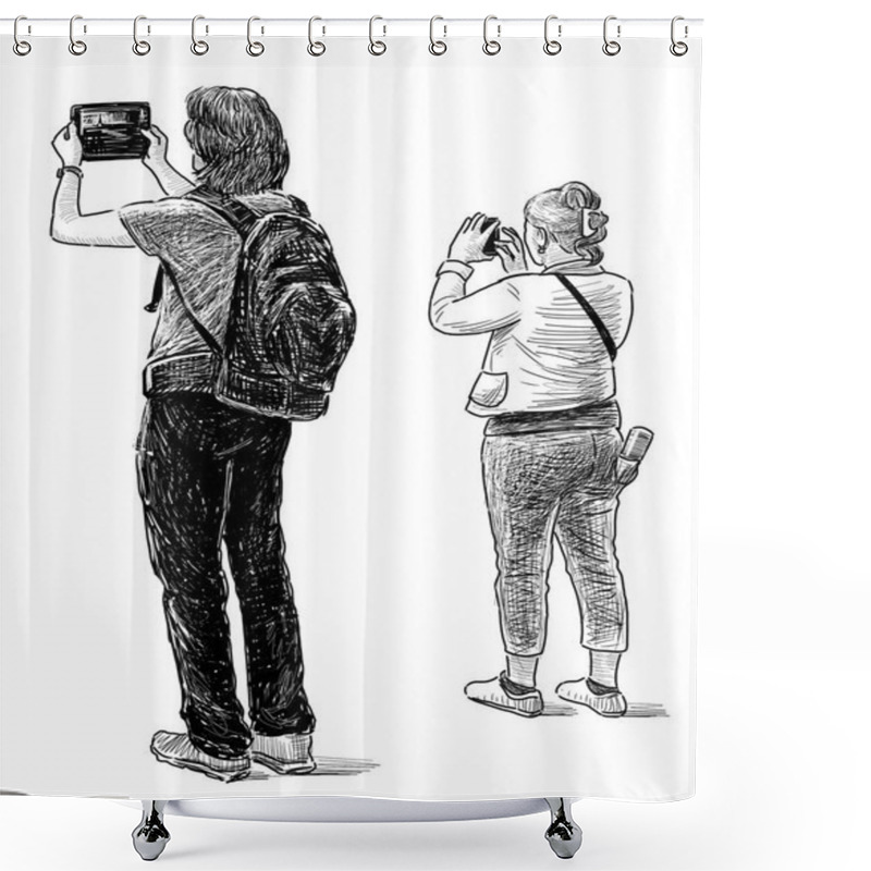 Personality  Sketches Of The Tourists Take Photos Shower Curtains