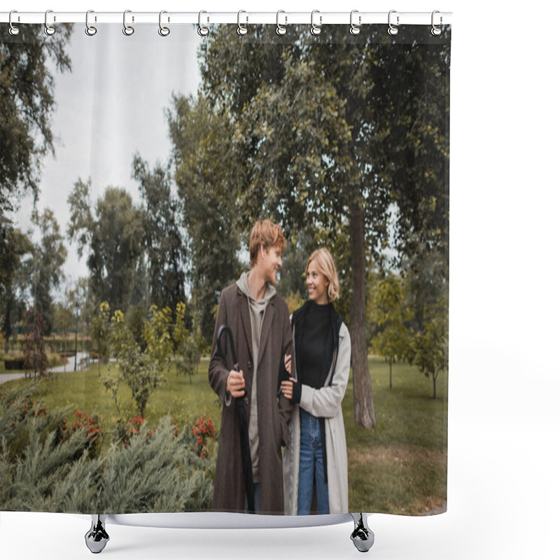 Personality  Happy Blonde Woman Hugging Cheerful Redhead Boyfriend With Umbrella In Park Shower Curtains