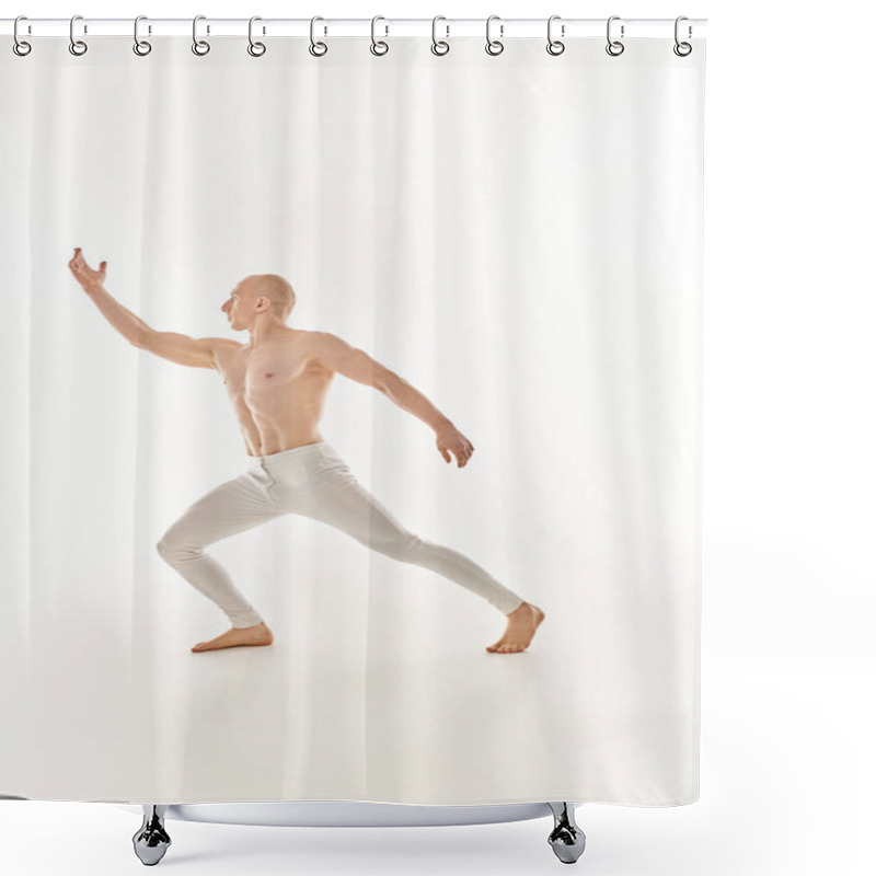 Personality  A Young Man, Shirtless, Shows Off Acrobatic Skills While Dancing In A Studio Against A White Background. Shower Curtains