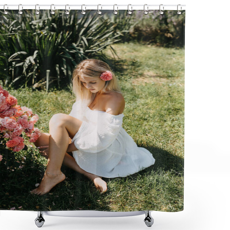 Personality  Young Blonde Woman Sitting On Green Grass, On A Bright Summer Day, Next To A Bush Of Pink Roses, Wearing A White Dress. Shower Curtains