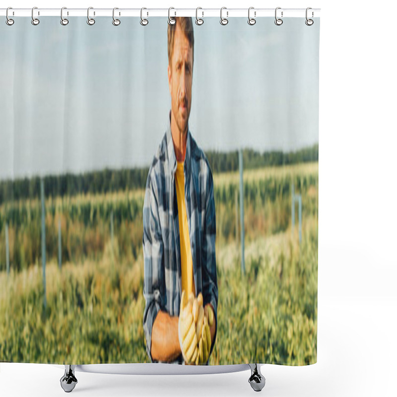 Personality  Horizontal Image Of Farmer In Checkered Shirt And Gloves Holding Fresh Potatoes While Standing On Field Shower Curtains