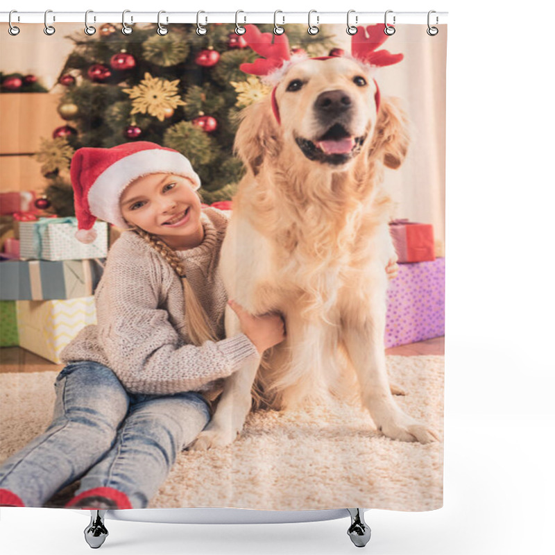 Personality  Smiling Kid In Santa Hat And Golden Retriever Dog With Deer Horns Sitting Near Christmas Tree With Gifts Shower Curtains