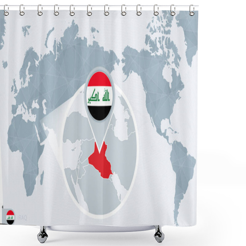 Personality  Pacific Centered World Map With Magnified Iraq. Flag And Map Of Iraq. Shower Curtains