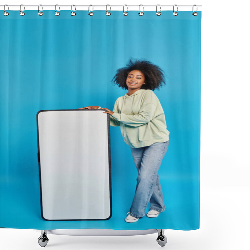 Personality  A Woman Confidently Stands Next To A Massive White Board, Ready To Share Ideas And Inspire Creativity. Shower Curtains