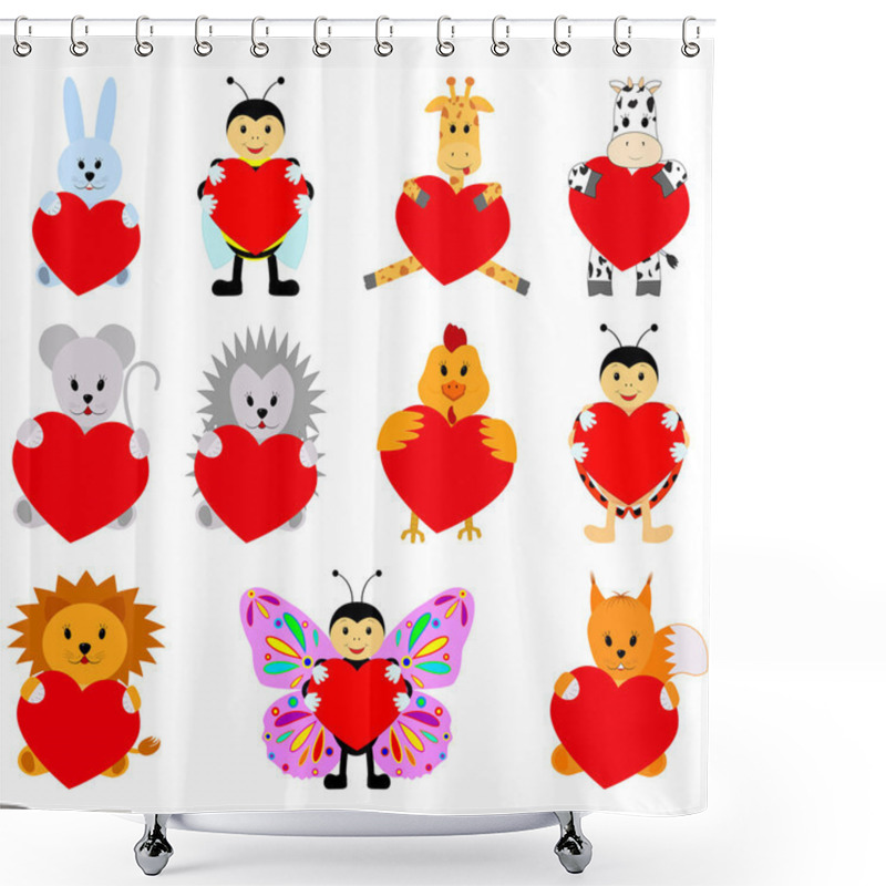 Personality  Set Of Funny Animals With Hearts For Your Disign. Can Be Used In The Design Of Greeting Cards For Valentines Day Shower Curtains