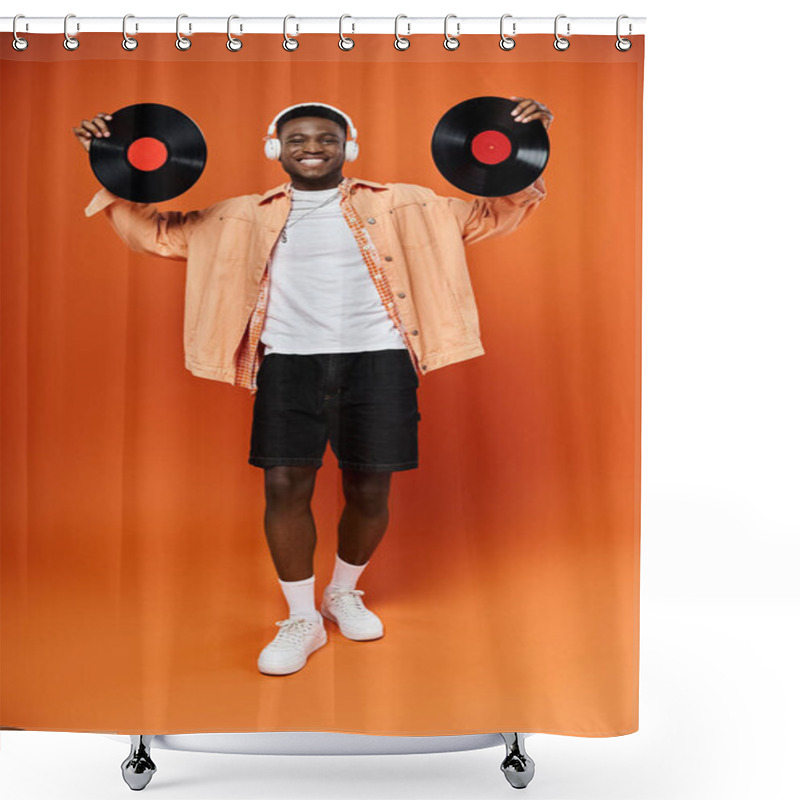 Personality  Young African American Man In Trendy Attire Holding Two Records. Shower Curtains