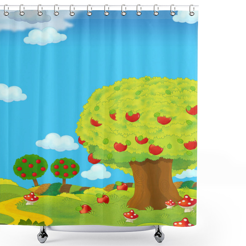 Personality  Cartoon Scene With Farm Fields By The Day And Apple Trees - Illustration For Children Shower Curtains