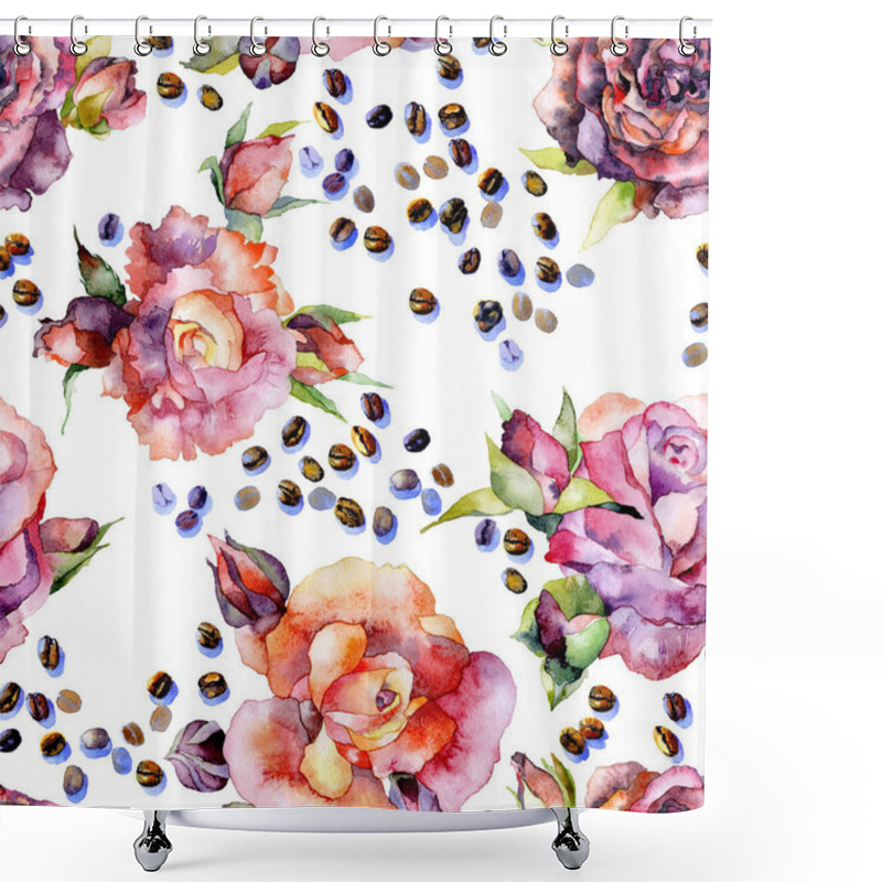 Personality  Beautiful, Beautiful, Fragrant, Garden Flowers Roses And Bitter, Southern, Delicious Coffee Beans. Watercolor. Illustration Shower Curtains