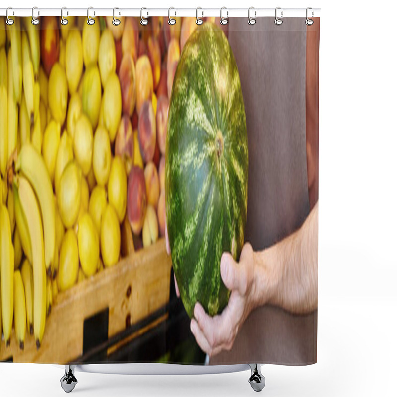 Personality  Cropped View Of Mature Salesman Holding Fresh Watermelon With Fruit Stall On Background, Banner Shower Curtains