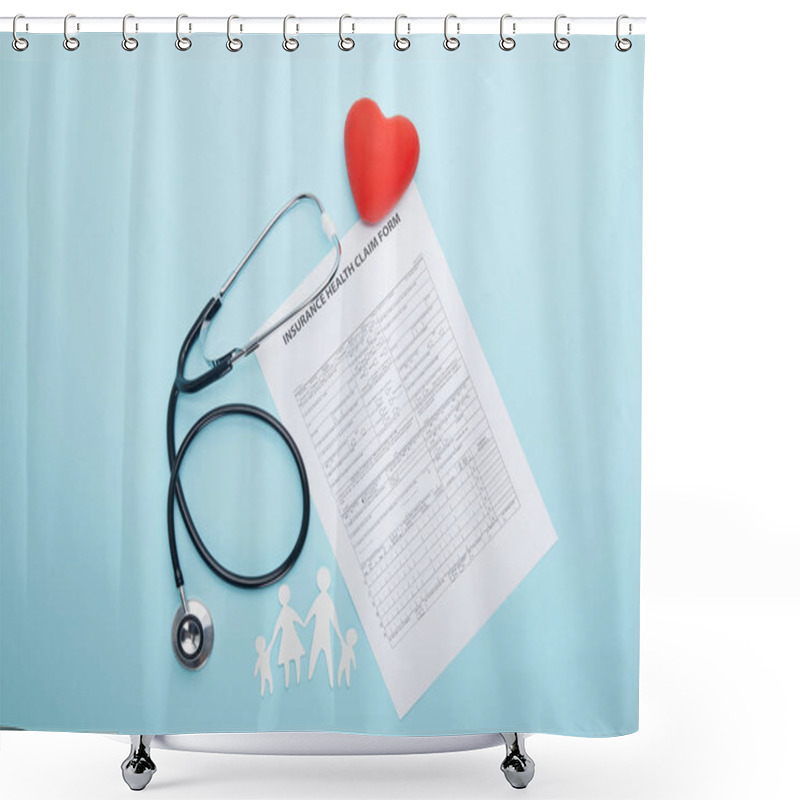 Personality  Top View Of Stethoscope, Insurance Health Claim Form, Red Heart Symbol And Paper Cut Family Isolated On Blue Shower Curtains