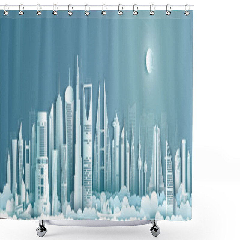 Personality  Travel To Middle East Landmarks Of Asia With Modern Architecture Cityscape Background. Tourism Arab To Saudi Arabia, Qatar, Bahrain, UAE, Kuwait, Jordan, Business Brochure Design.Vector Illustration Shower Curtains