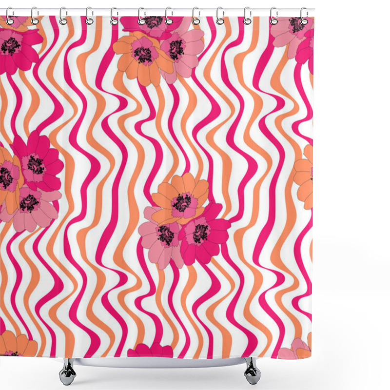 Personality  Wild Roses Flowers On Wavy Stripes Background In Pink Rose, Orange And Blush Pink Shades. Seamless Vector Pattern. Shower Curtains