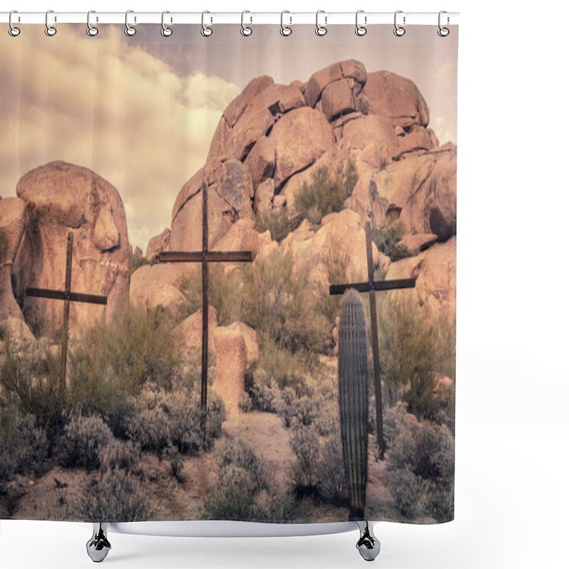 Personality  Crosses In Desert Boulder Location - Spiritual Religious Worship Shower Curtains