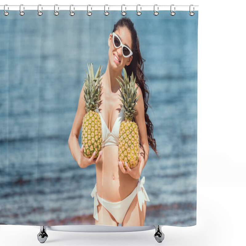 Personality  Beautiful Smiling Woman In Bikini And Sunglasses Holding Fresh Pineapples Near The Sea Shower Curtains