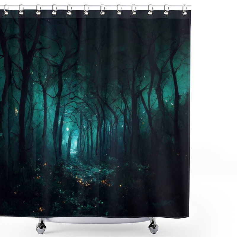 Personality  Realistic Haunted Forest Creepy Landscape At Night. Fantasy Halloween Forest Background. Surreal Mysterious Atmospheric Woods Design Backdrop. Digital Art. Shower Curtains