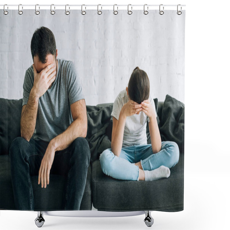 Personality  Sad Daughter And Father Having Conflict At Home Shower Curtains