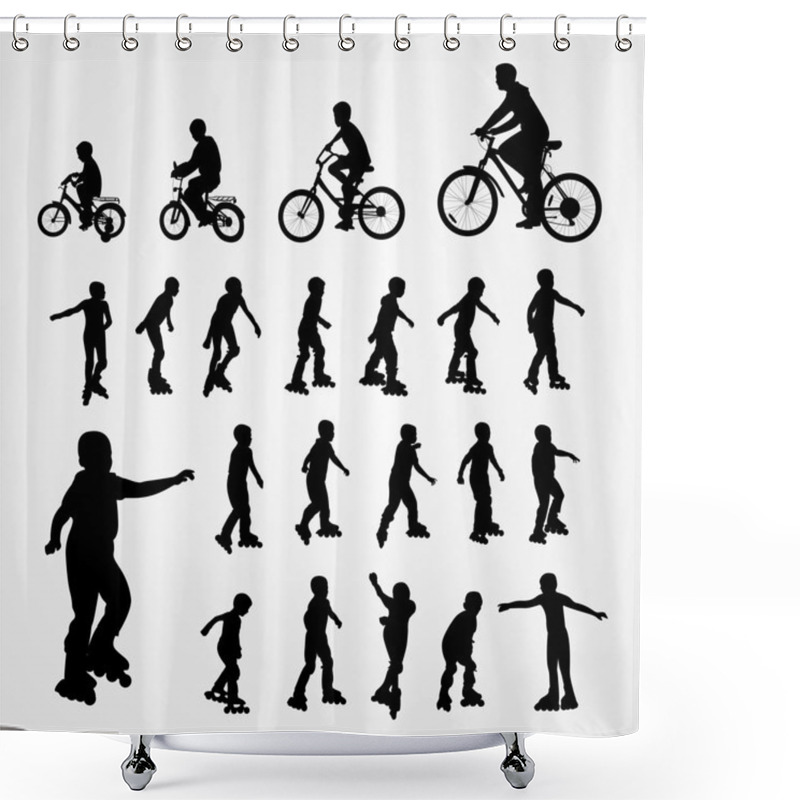 Personality  Big Set Vector Silhouette Of Roller Skating And Bicyclist Shower Curtains