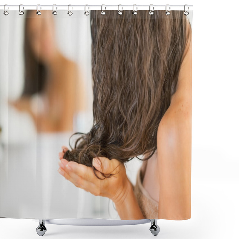 Personality  Closeup On Young Woman Applying Hair Mask Shower Curtains