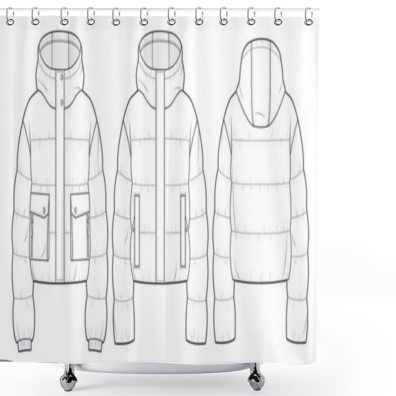 Personality  Hooded Puffer Jacket Technical Fashion Illustration. Cropped  Down Jacket Technical Drawing Template, Long Sleeve, Pocket, Front And Back View, White, Women, Men, Unisex CAD Mockup Set. Shower Curtains