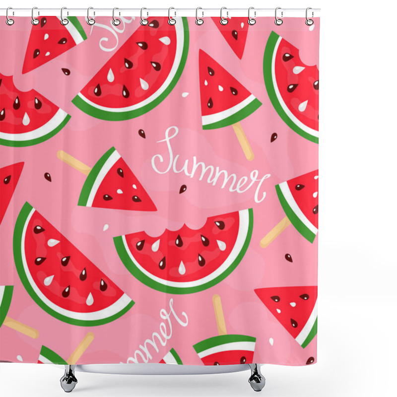 Personality  Summer Seamless Pattern Ice Cream Watermelon With Seeds On A Blue Background. Vector Endless Illustration Shower Curtains