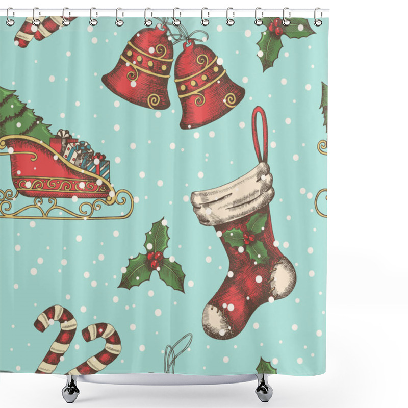 Personality  Seamless Background With Hand Drawn Bells, Santa's Sleigh, Candy, Holly And Sock. New Year. Christmas Pattern Can Be Used For Wallpaper, Web Page Background, Surface Textures, Textile, Package, Banner Shower Curtains