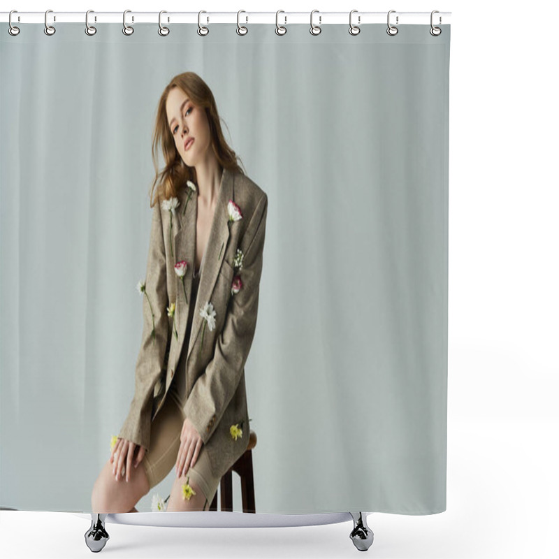 Personality  A Young Woman Elegantly Poses, Surrounded By Delicate Flowers, Exuding Tranquility. Shower Curtains