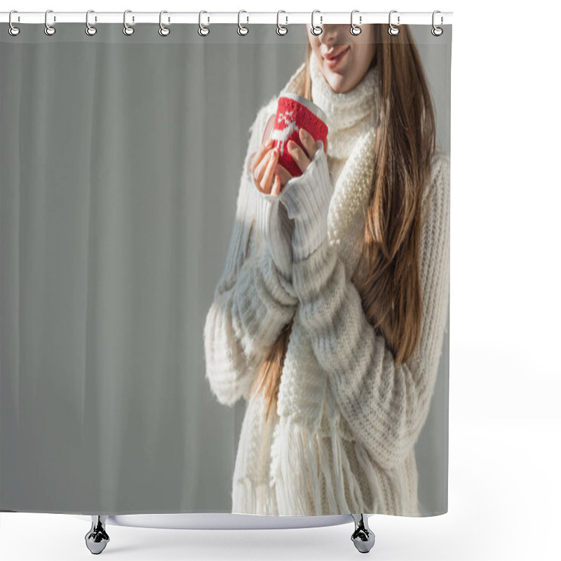 Personality  Cropped Image Of Woman In Fashionable Winter Sweater And Scarf Holding Cup Of Tea Isolated On Grey Shower Curtains