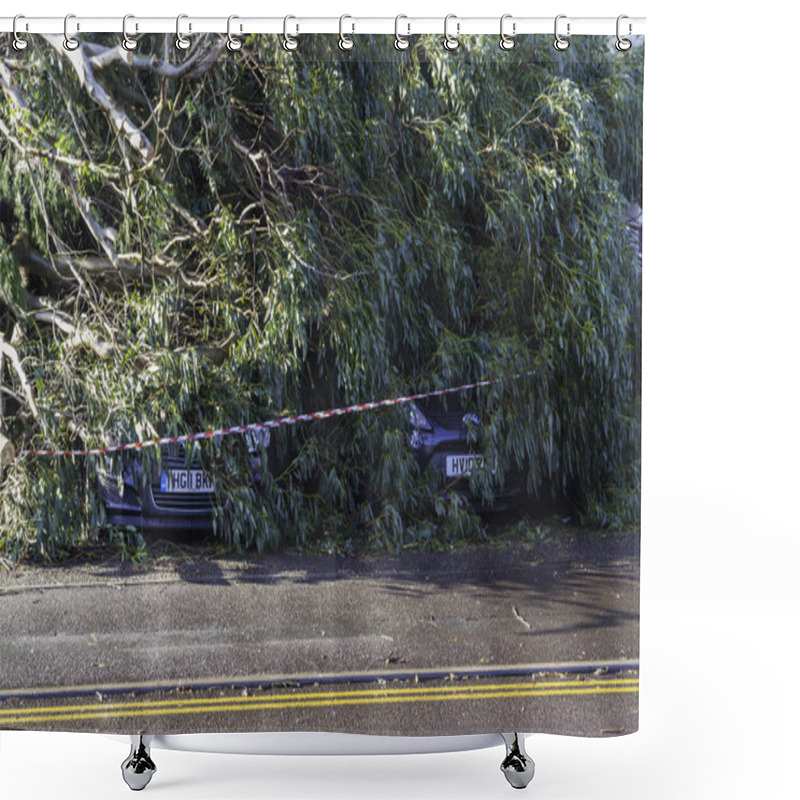 Personality  BOURNEMOUTH ENGLAND UK  FEBRUARY 19: Storm Eunice Large Tree Fallen Crushing Two Cars, Registration Plates Showing, Landscape, On February 19 2022 In Bournemouth, Dorset Shower Curtains