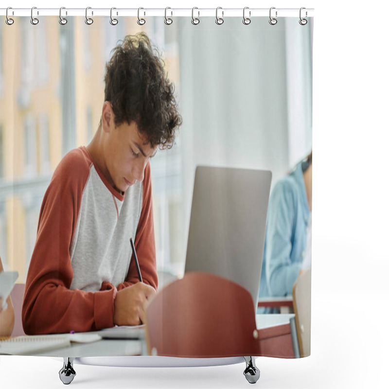 Personality  Curly Teenage Schoolboy Writing On Notebook Near Laptop During Lesson In Classroom In School Shower Curtains