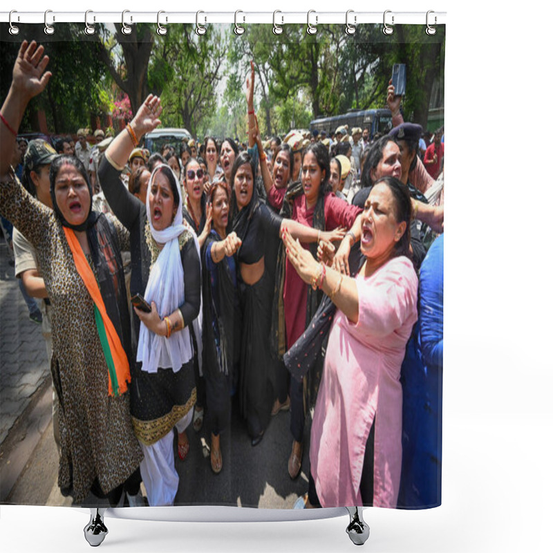 Personality  NEW DELHI, INDIA - APRIL 24: BJP Mahila Morcha Member Detained By Delhi Police During Protest Against The Congress Manifesto At Akbar Road  On April 24, 2024 In New Delhi, India.  Shower Curtains