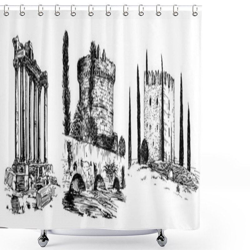 Personality  Set Of Romantic Italian Castles And Monuments. Hand Drawn Set Shower Curtains