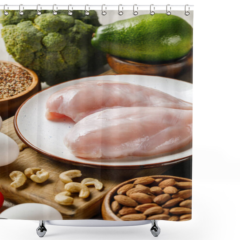 Personality  Fresh Raw Chicken Breasts On White Plate Near Nuts, Green Vegetables And Eggs, Ketogenic Diet Menu Shower Curtains