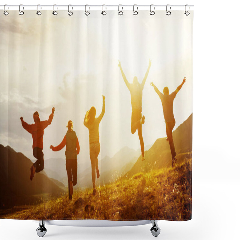 Personality  Group Of Happy Friends Run And Jump Shower Curtains