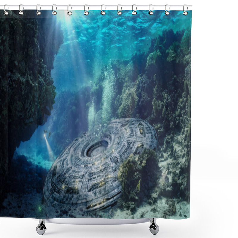 Personality  Unknown Object Is Explored Underwater By Divers - 3D-Illustratio Shower Curtains