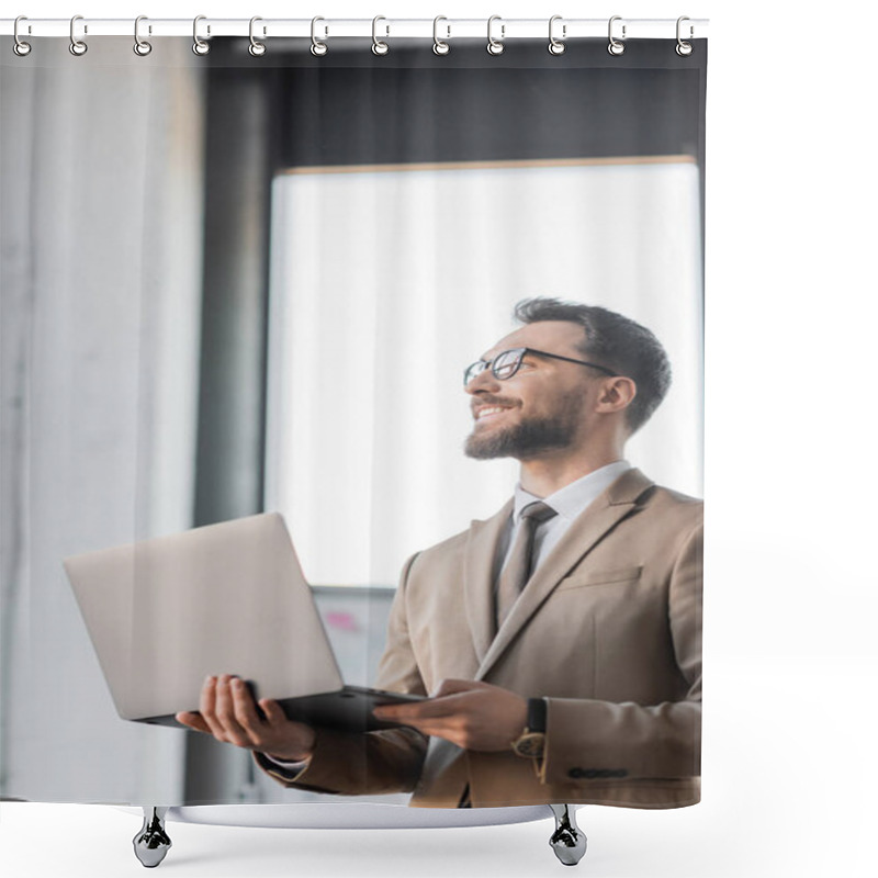 Personality  Happy And Satisfied Corporate Manager In Eyeglasses And Fashionable Business Attire Such As Beige Blazer And Tie Standing With Laptop And Looking Away In Office Shower Curtains