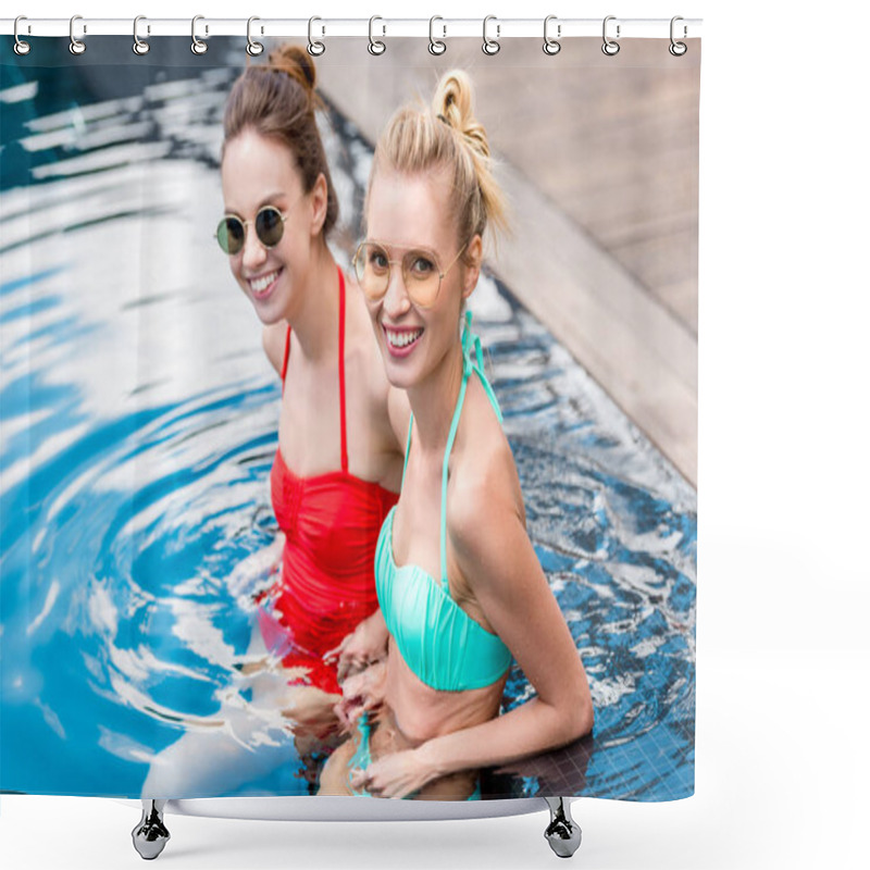 Personality  Smiling Young Women Sitting In Swimming Pool And Looking At Camera Shower Curtains