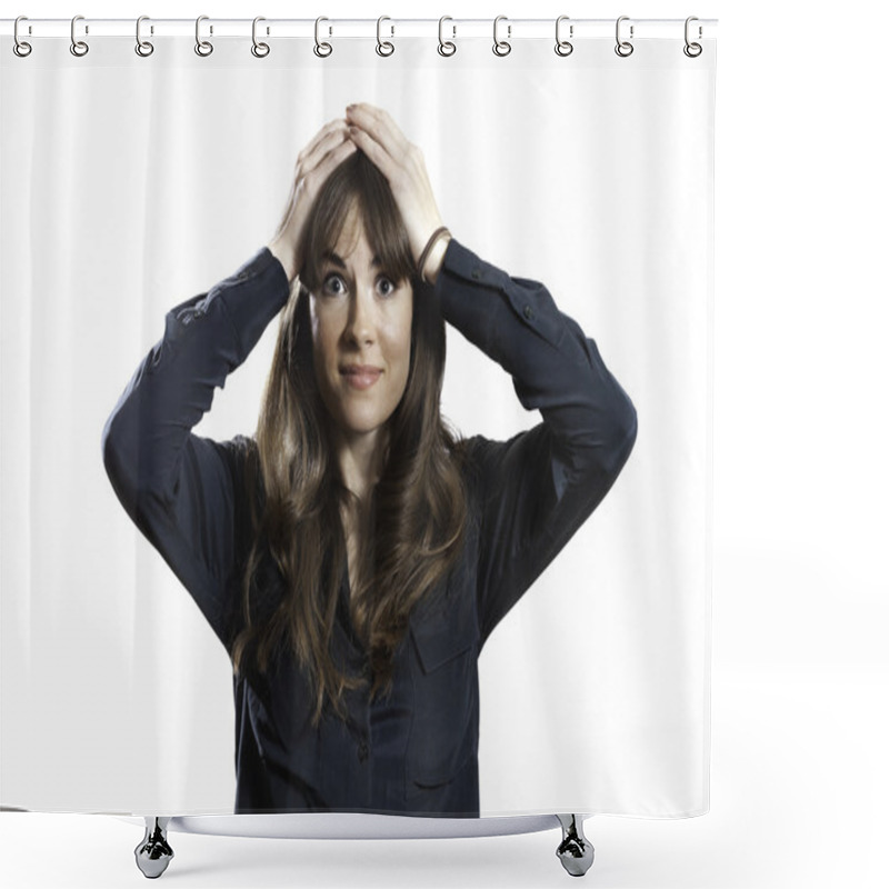 Personality  Frustrated Female Model Hands On Head Isolated White Background Shower Curtains