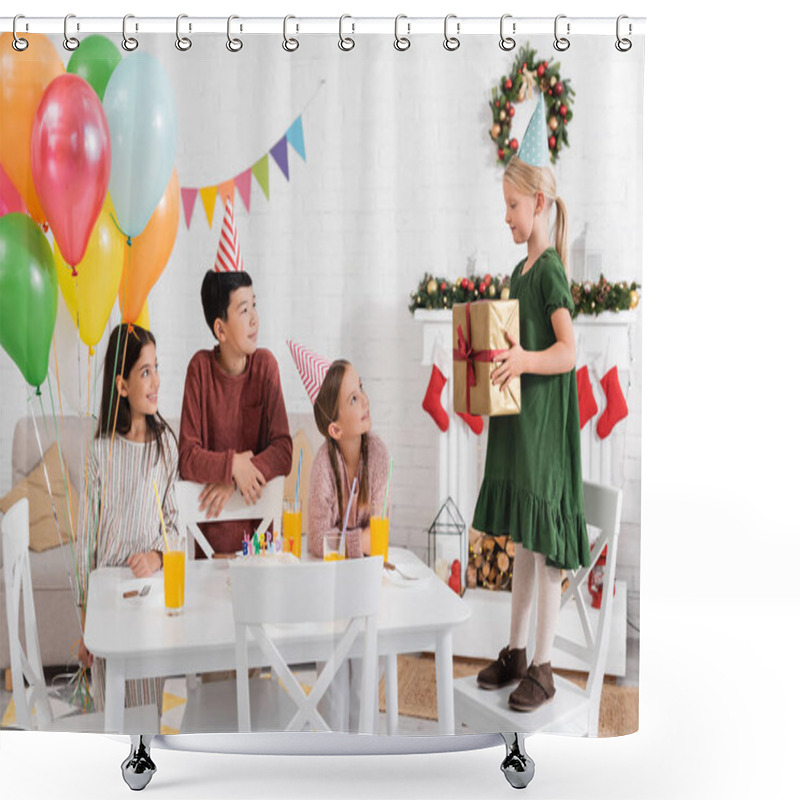 Personality  Interracial Kids In Party Caps Holding Balloons Near Friend With Gift And Birthday Cake At Home  Shower Curtains