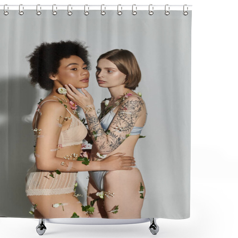 Personality  Two Women Embrace Tenderly Amid Delicate Blossoms, Celebrating Their Love. Shower Curtains