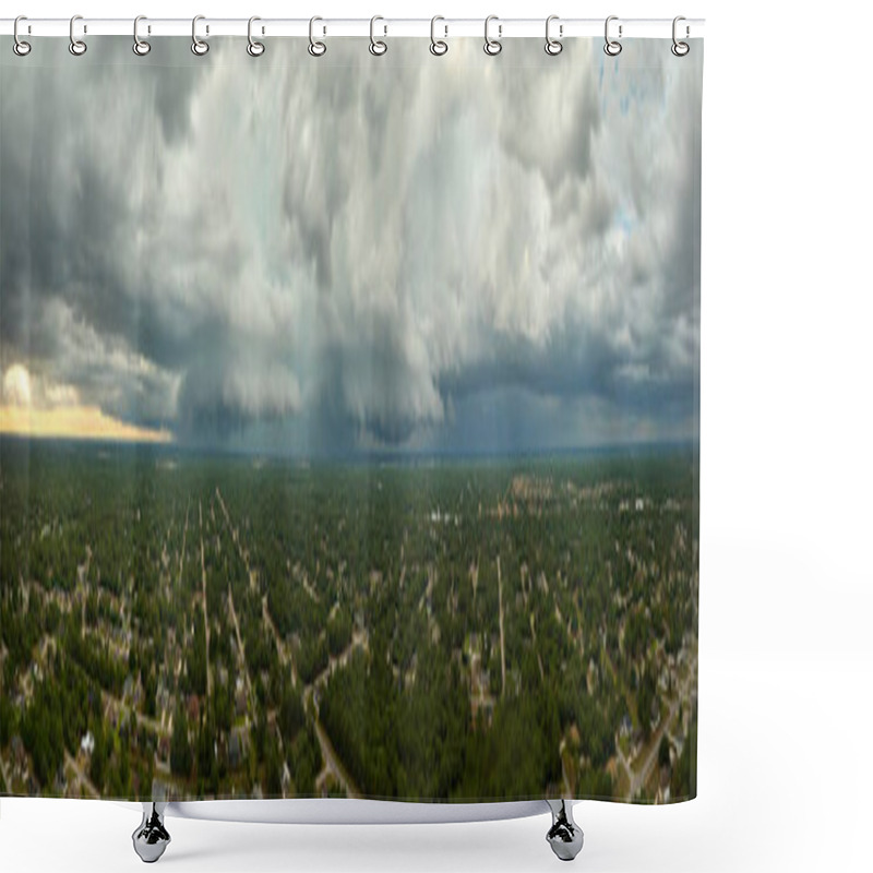 Personality  Landscape Of Dark Ominous Clouds Forming On Stormy Sky Before Heavy Thunderstorm Over Rural Town Area. Shower Curtains